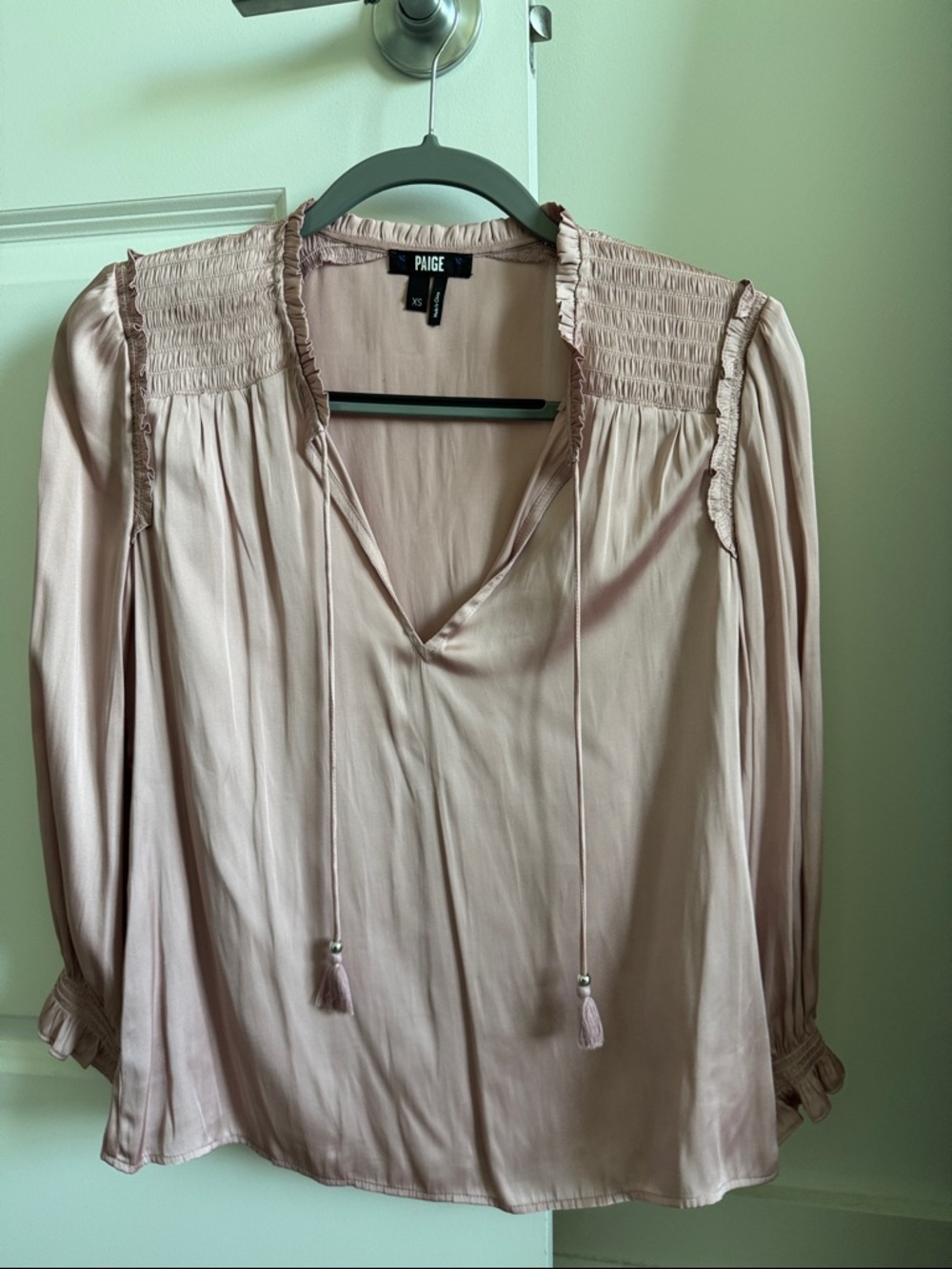 PAIGE Dusty Pink Smocked Yoke Tassel Blouse